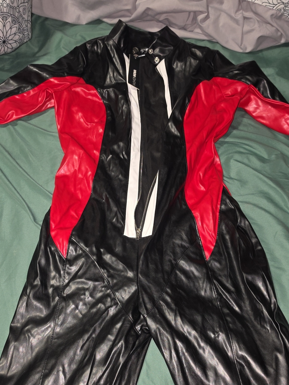 Women’s Black and Red Faux Leather Jumpsuit - Bold Two-Tone Design